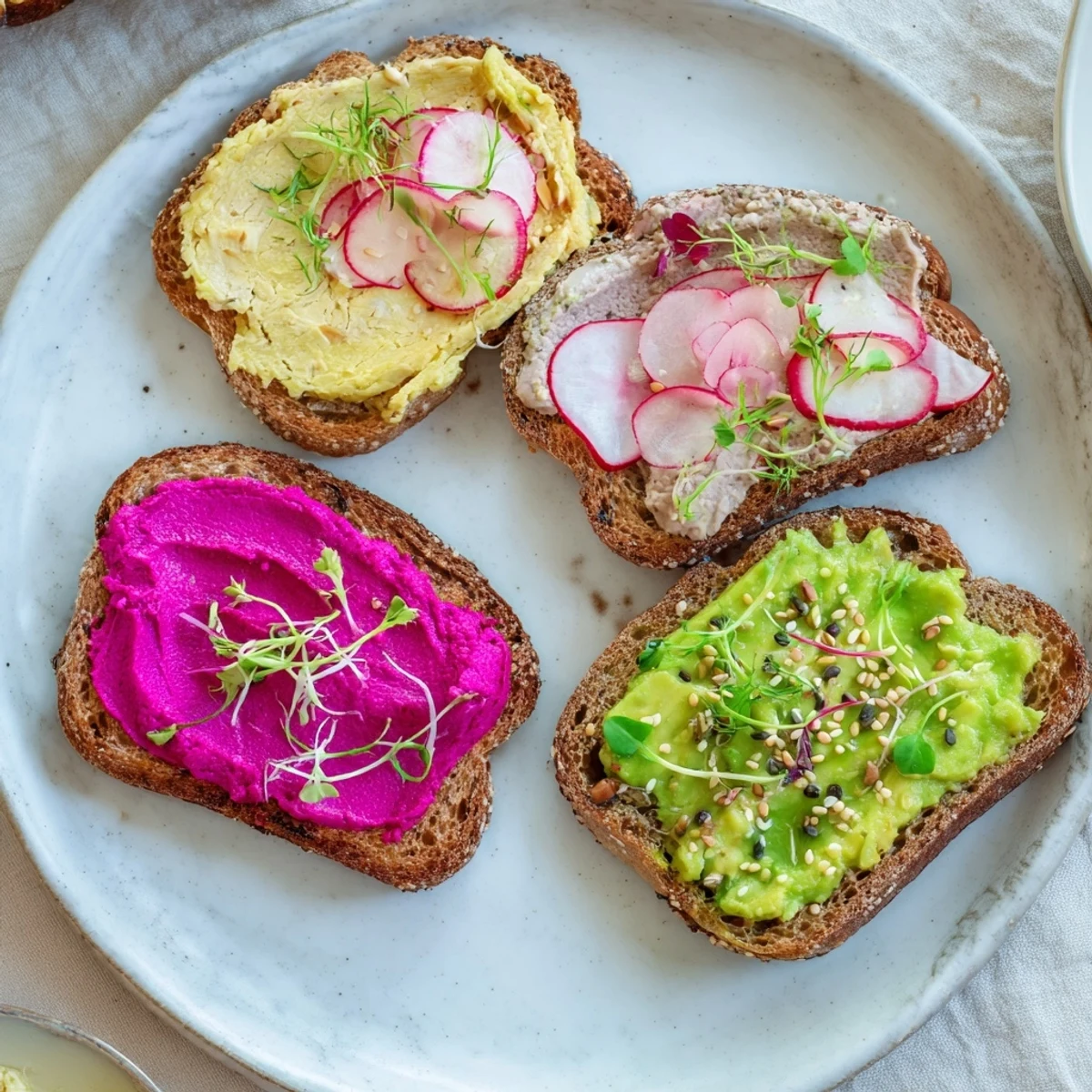 Vibrant Bright & Bold Breakfast Toasts topped with ube spread and fresh radish slices.  