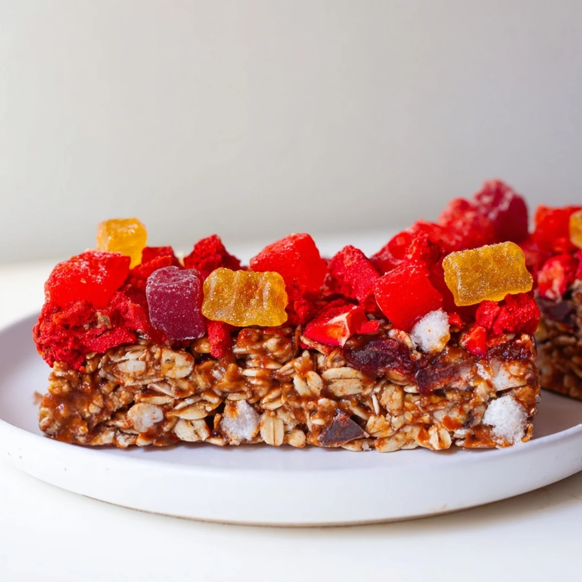 Chewy homemade gummies and whimsical freeze-dried candies on wholesome oat bars.  