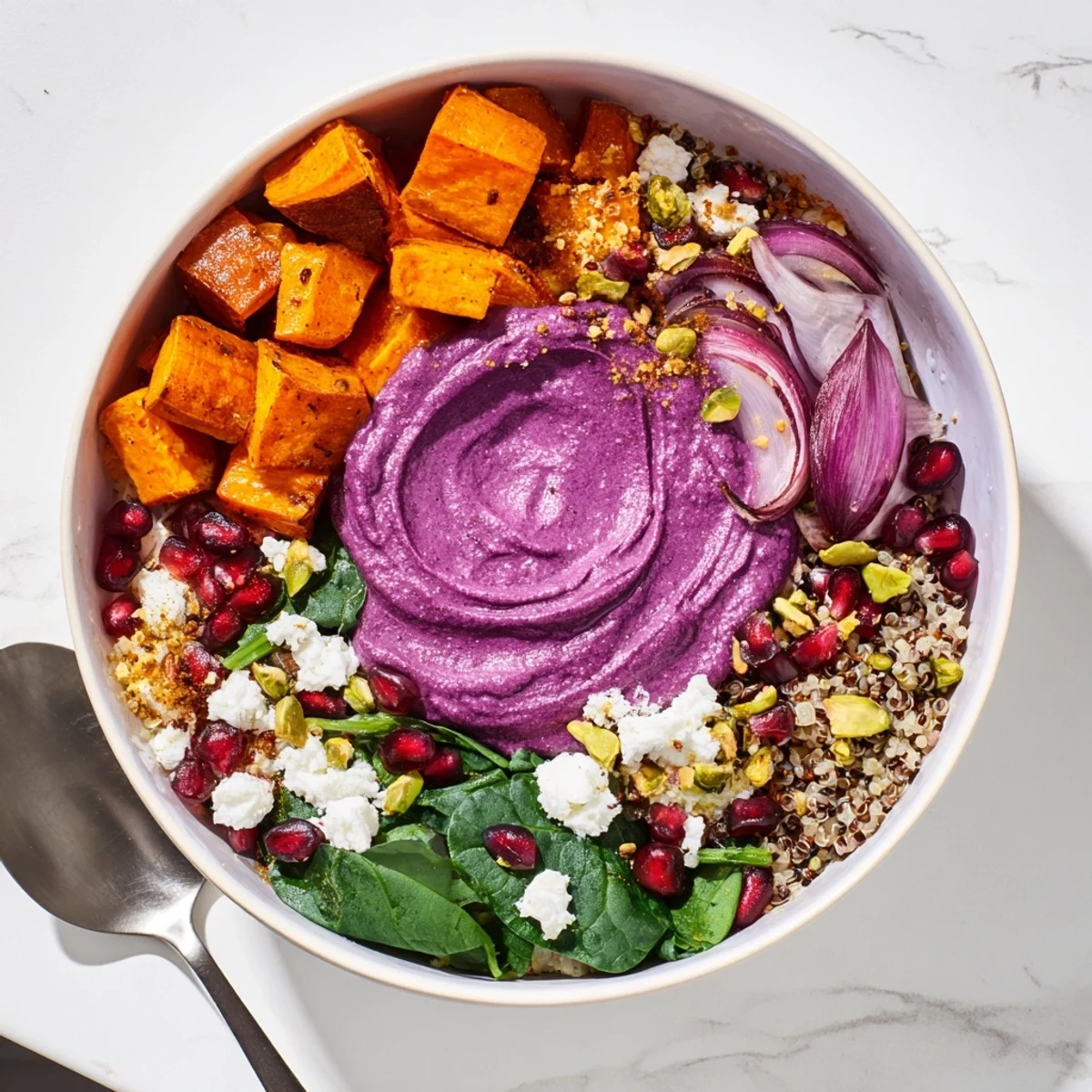 Roasted Spiced Winter Bowls filled with vibrant vegetables and creamy ube-coconut purée.  