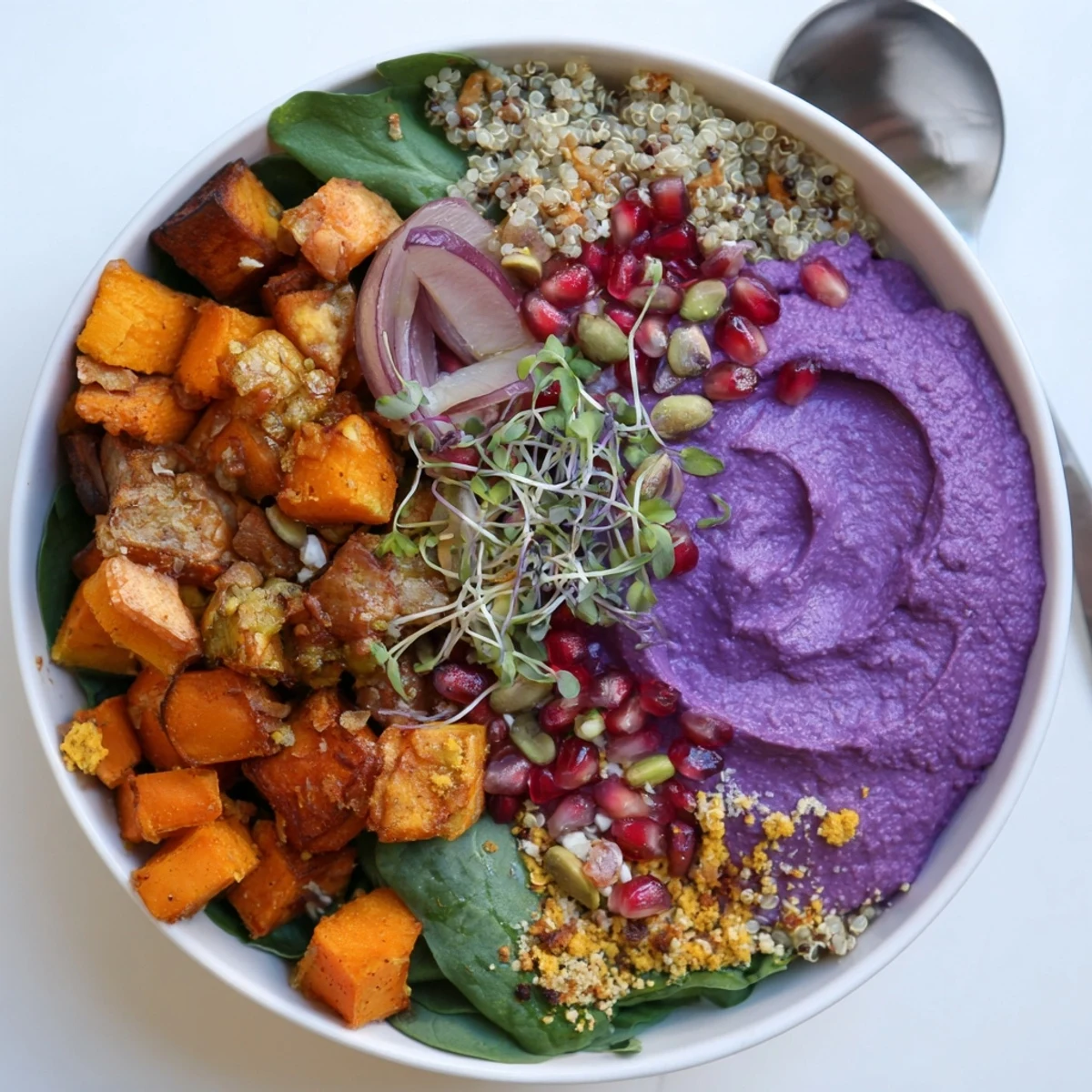 Comforting Spiced Winter Bowls topped with pistachio-maple crumble and fresh greens.  