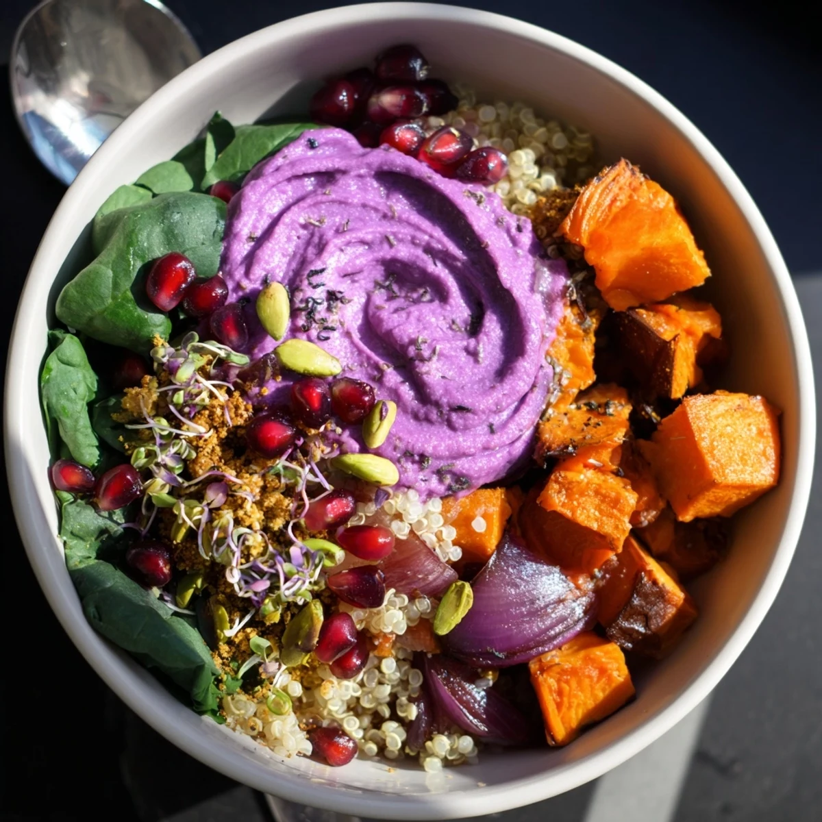 Colorful Spiced Winter Bowls showcasing roasted seasonal veggies and pomegranate seeds.