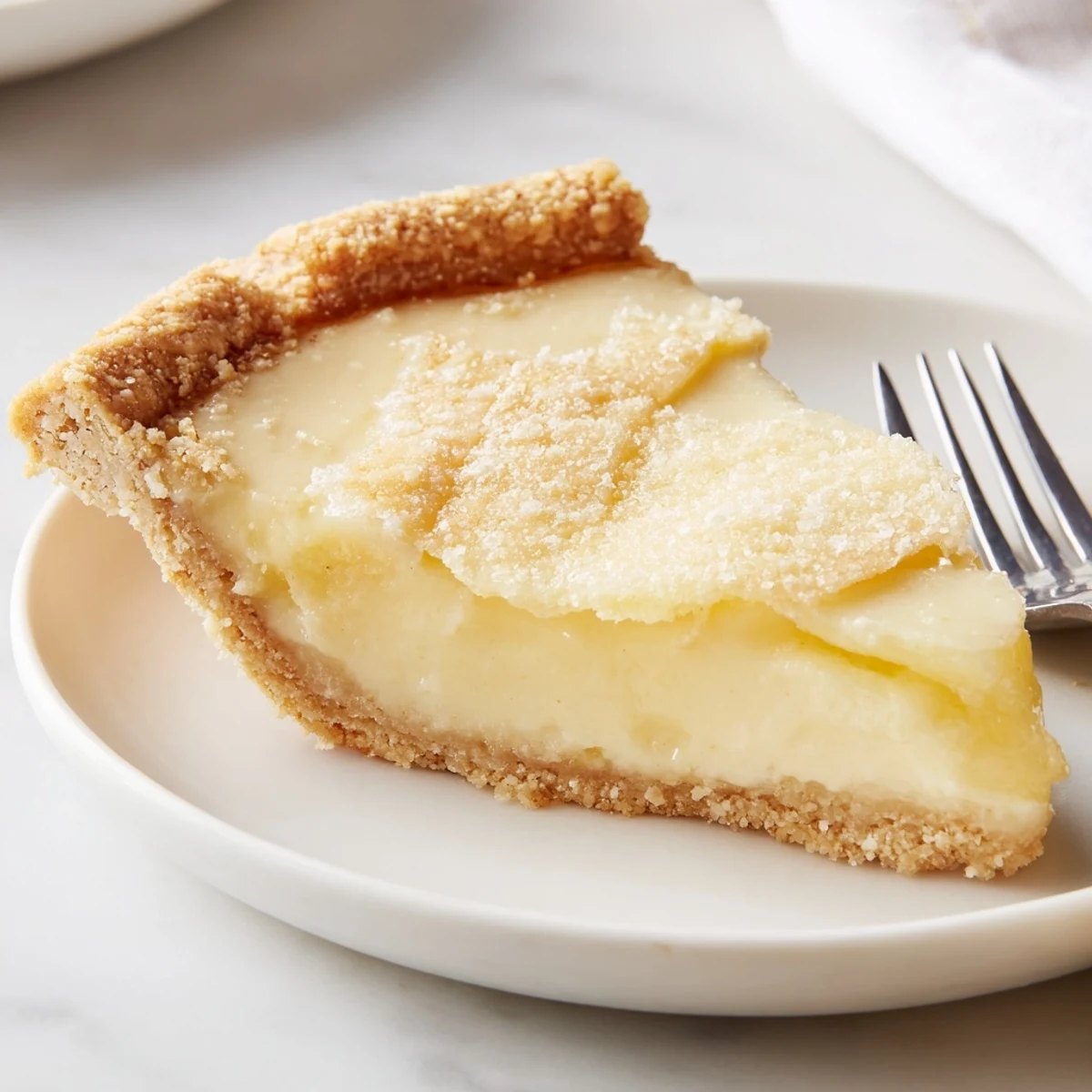 Golden-brown Water Pie topped with vanilla, ready to serve with whipped cream.  