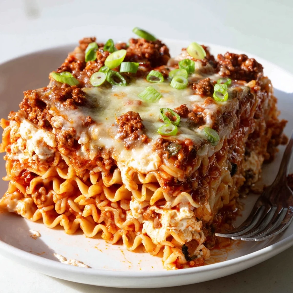 Delicious Spicy Ramen Lasagna layered with creamy cheese and zesty tomato sauce.  
