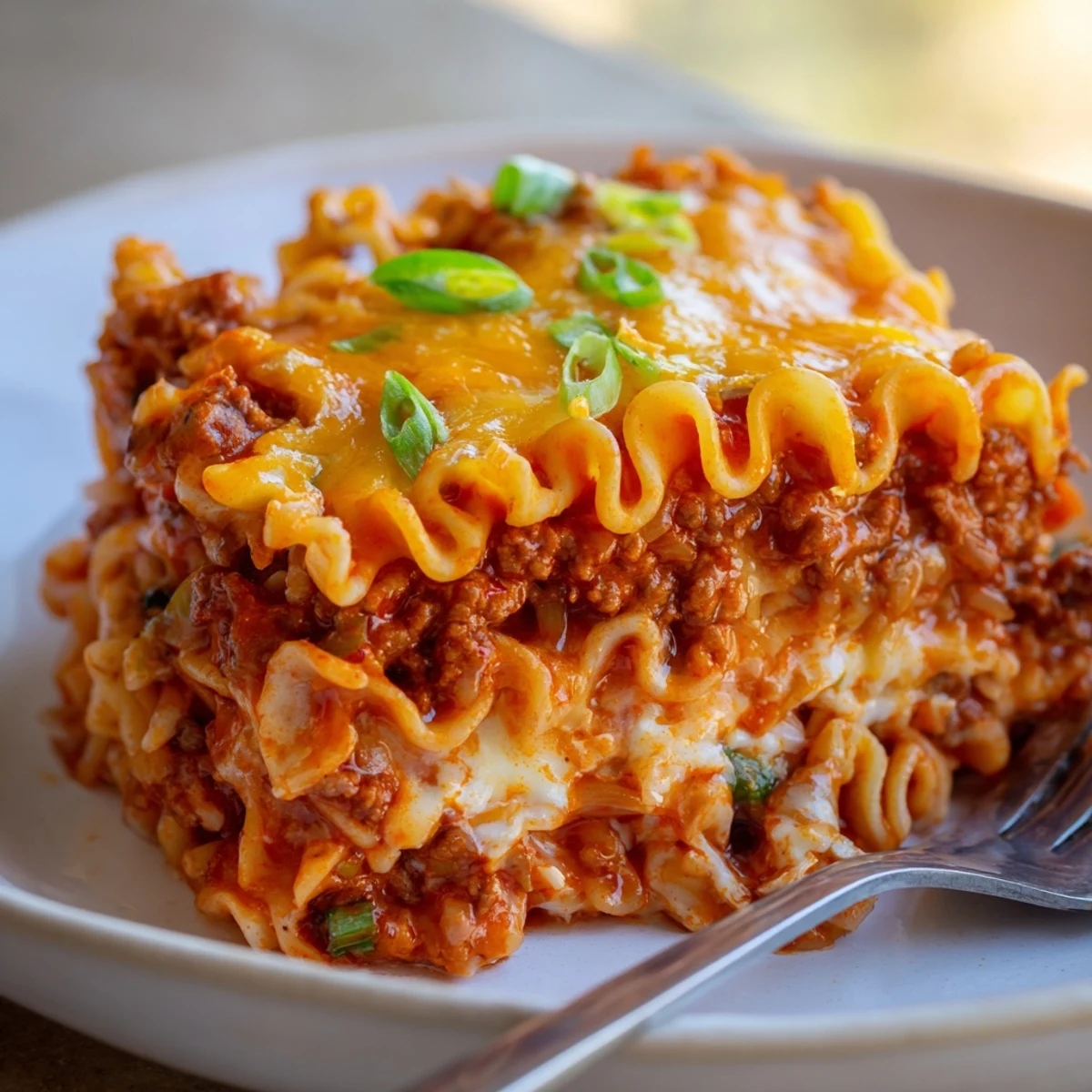 Savory Spicy Ramen Lasagna filled with ground pork and topped with melted mozzarella.  