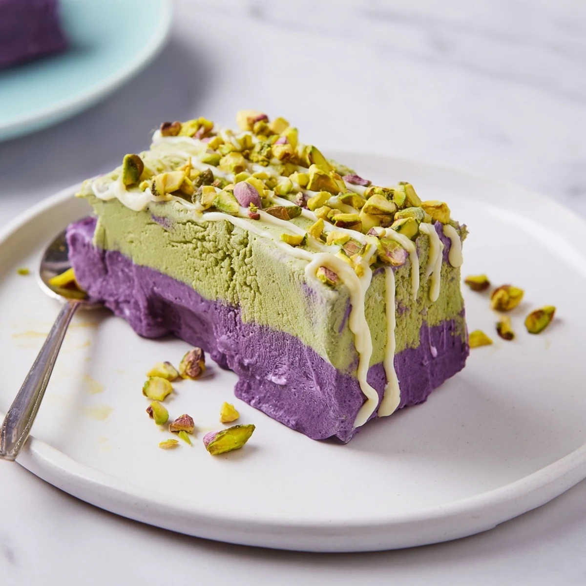 Creamy ube and pistachio ice cream bars with vibrant colors and flavors.  
