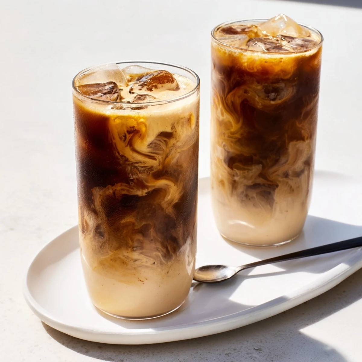 Rich and nutty tahini iced coffee topped with plant-based milk and sweetness.  