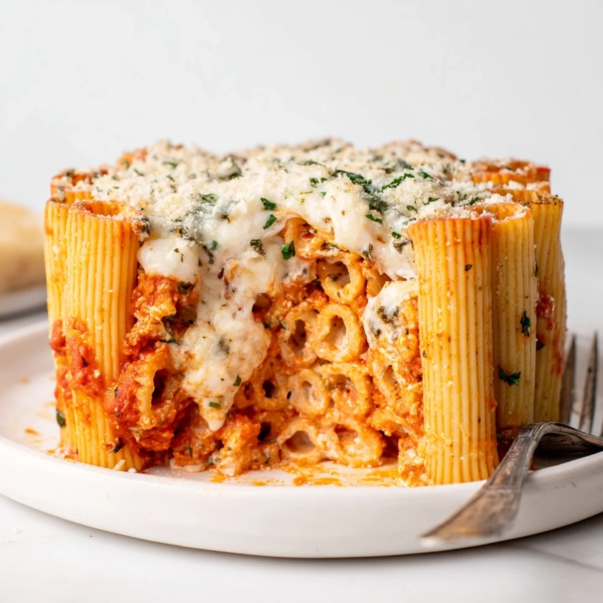 Golden-brown Honeycomb Pasta Cake served with rich tomato sauce and cheese.  