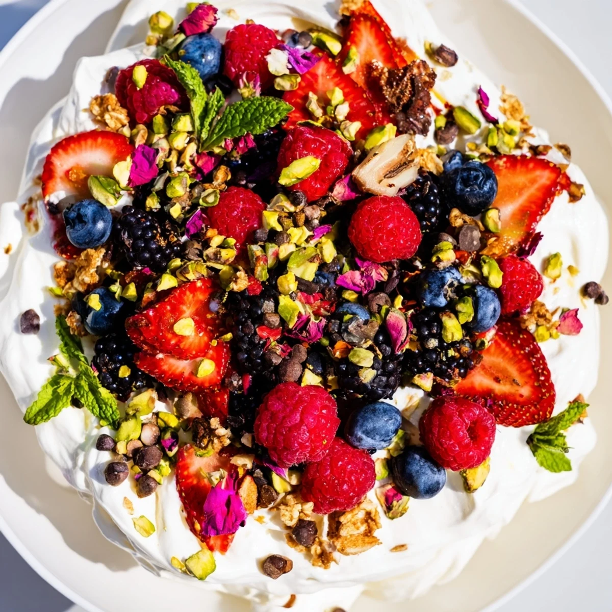 Whipped cream cheese butter board dessert topped with vibrant berries and nuts.  