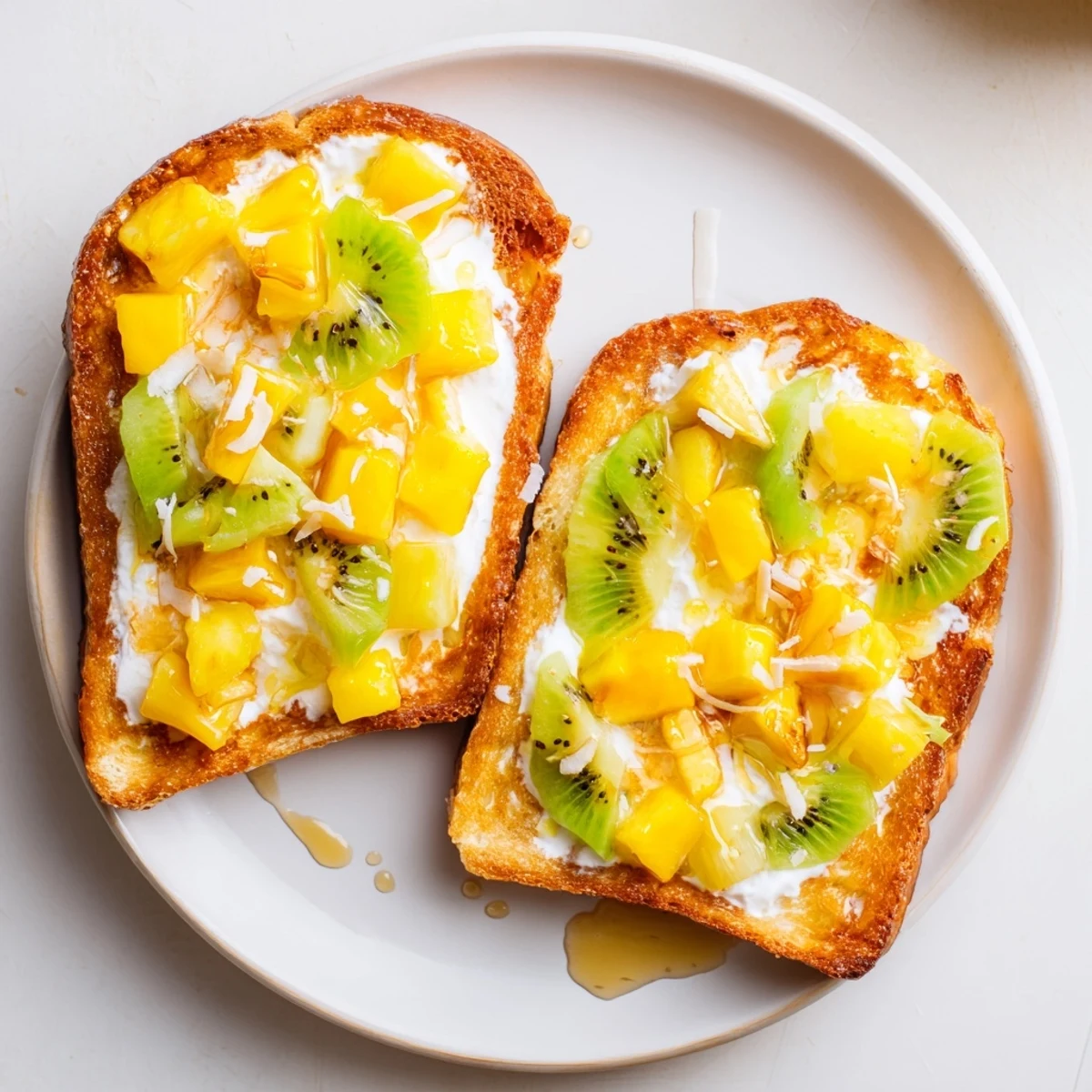 Enjoy vibrant Yogurt-Custard Toast topped with fresh mango, kiwi, and coconut.