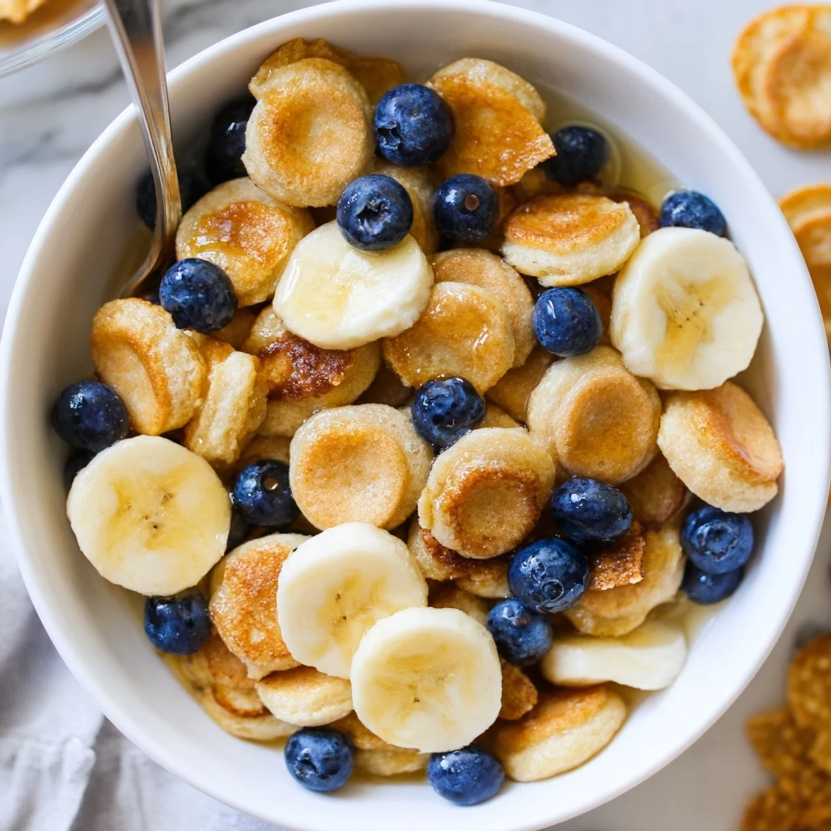 Mini Pancake Cereal served in a bowl, topped with fresh berries and syrup.  