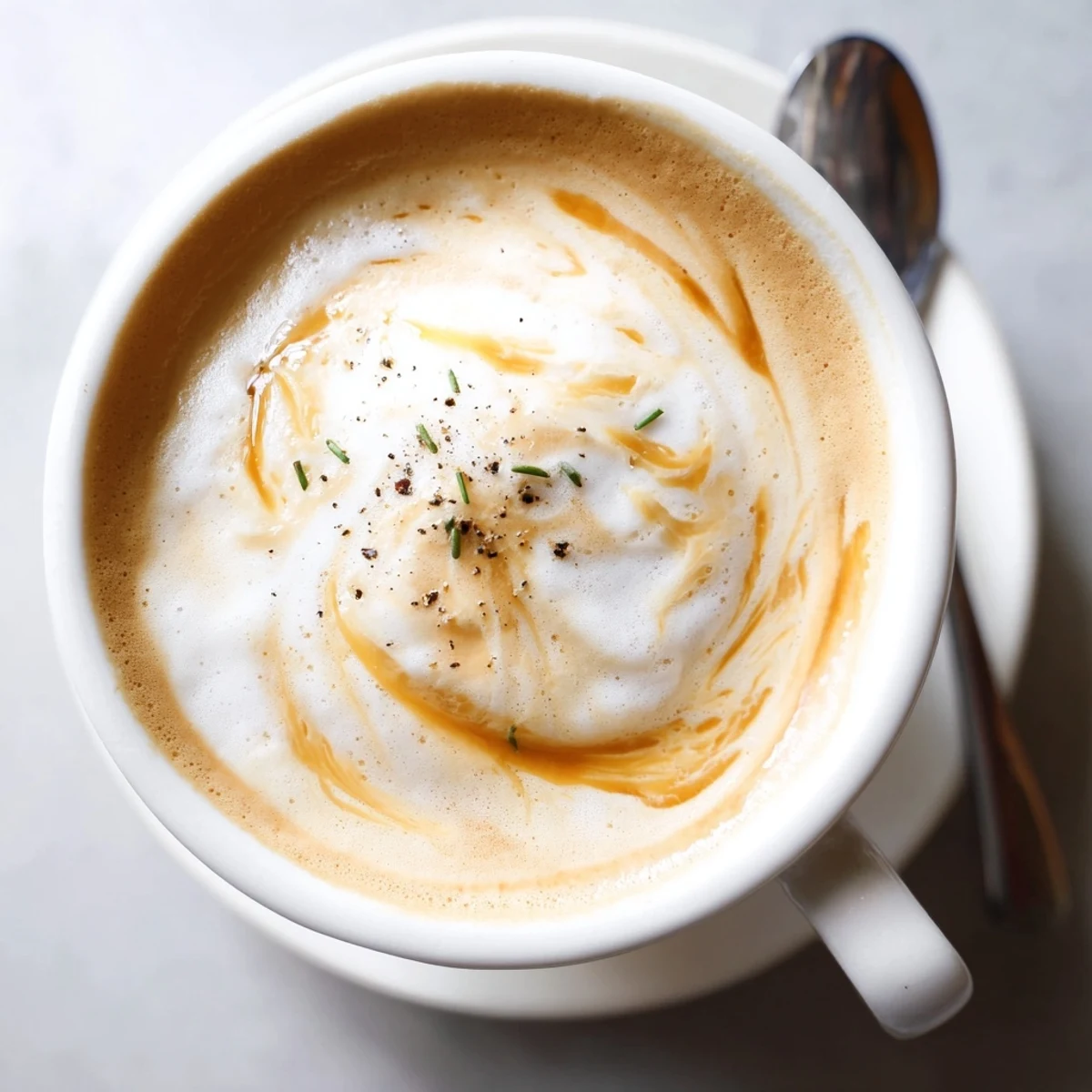 Savory Onion Latte topped with creamy foam, perfect for adventurous coffee lovers.  
