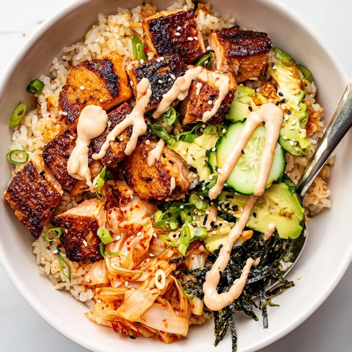Crispy Salmon Rice Bowl topped with spicy mayo, creamy avocado, and tangy kimchi.