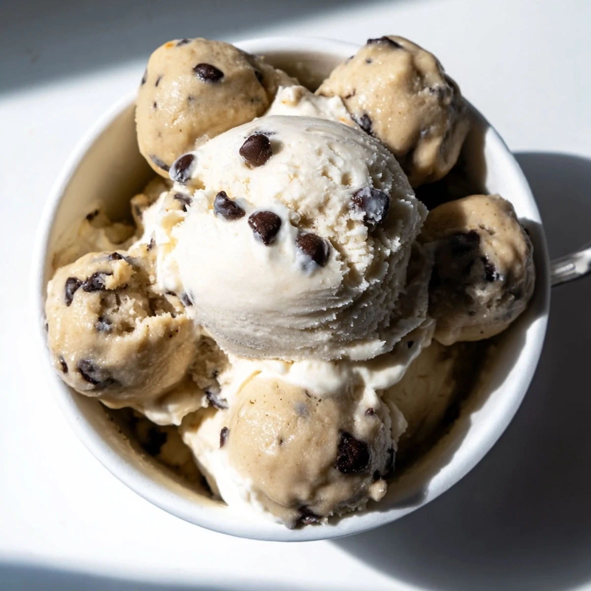 Creamy cottage cheese ice cream swirled with chocolate chip cookie dough bites.  