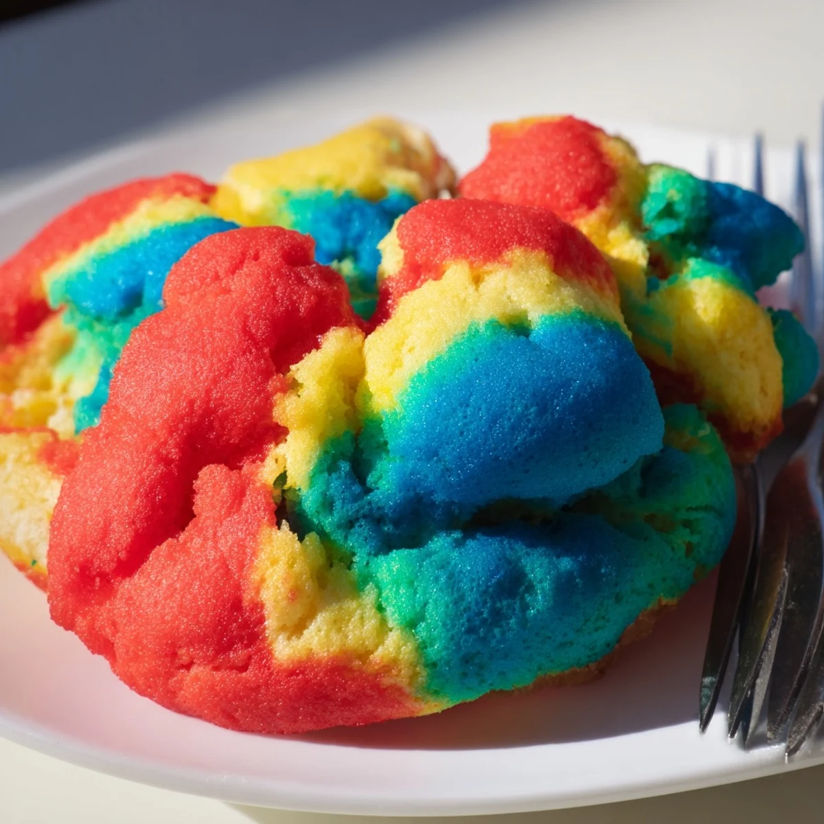 Fluffy cloud bread in vibrant rainbow colors, perfect for a fun breakfast treat.  