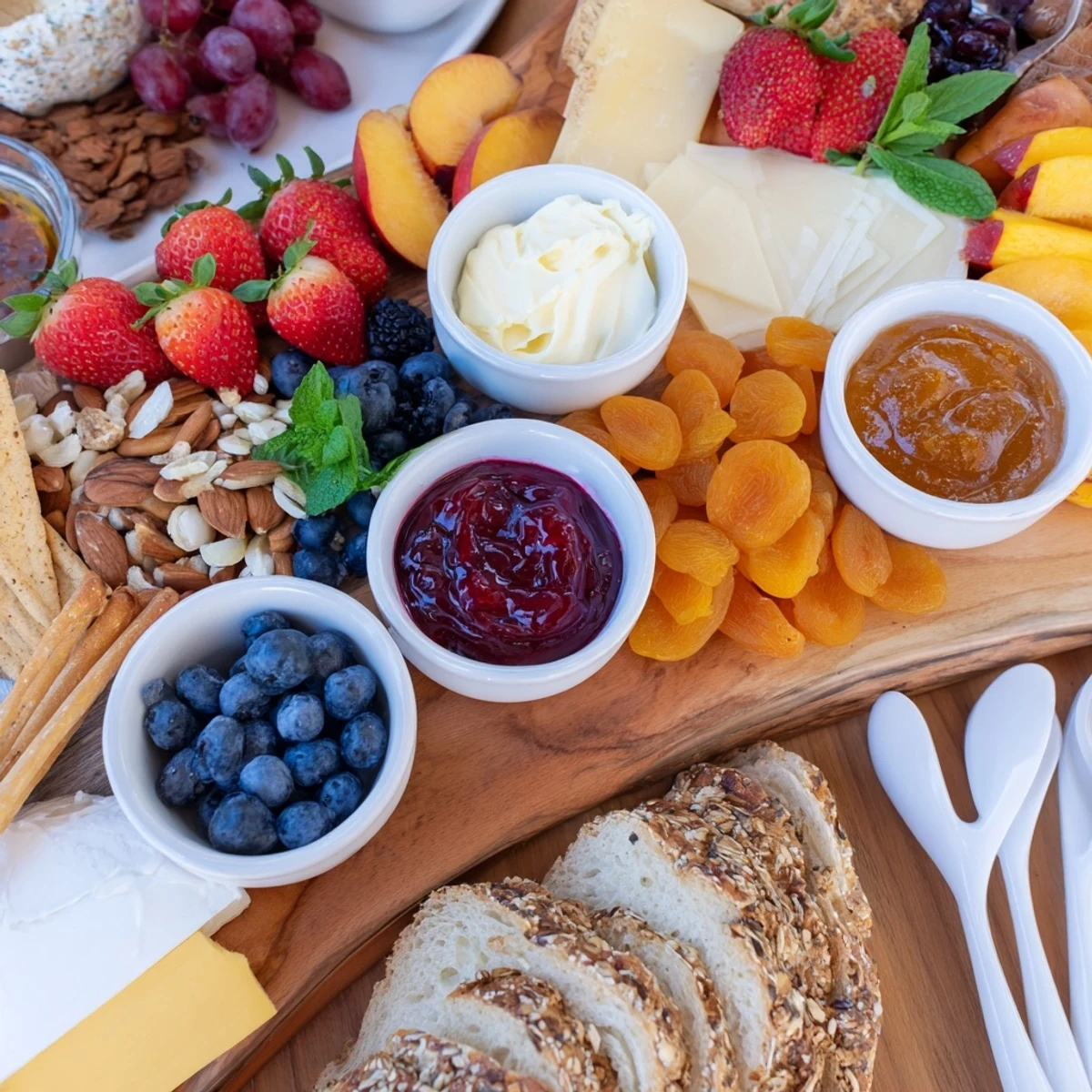Delightful Jam-Infused Brunch Board showcasing vibrant jams, cheeses, and fruits.  