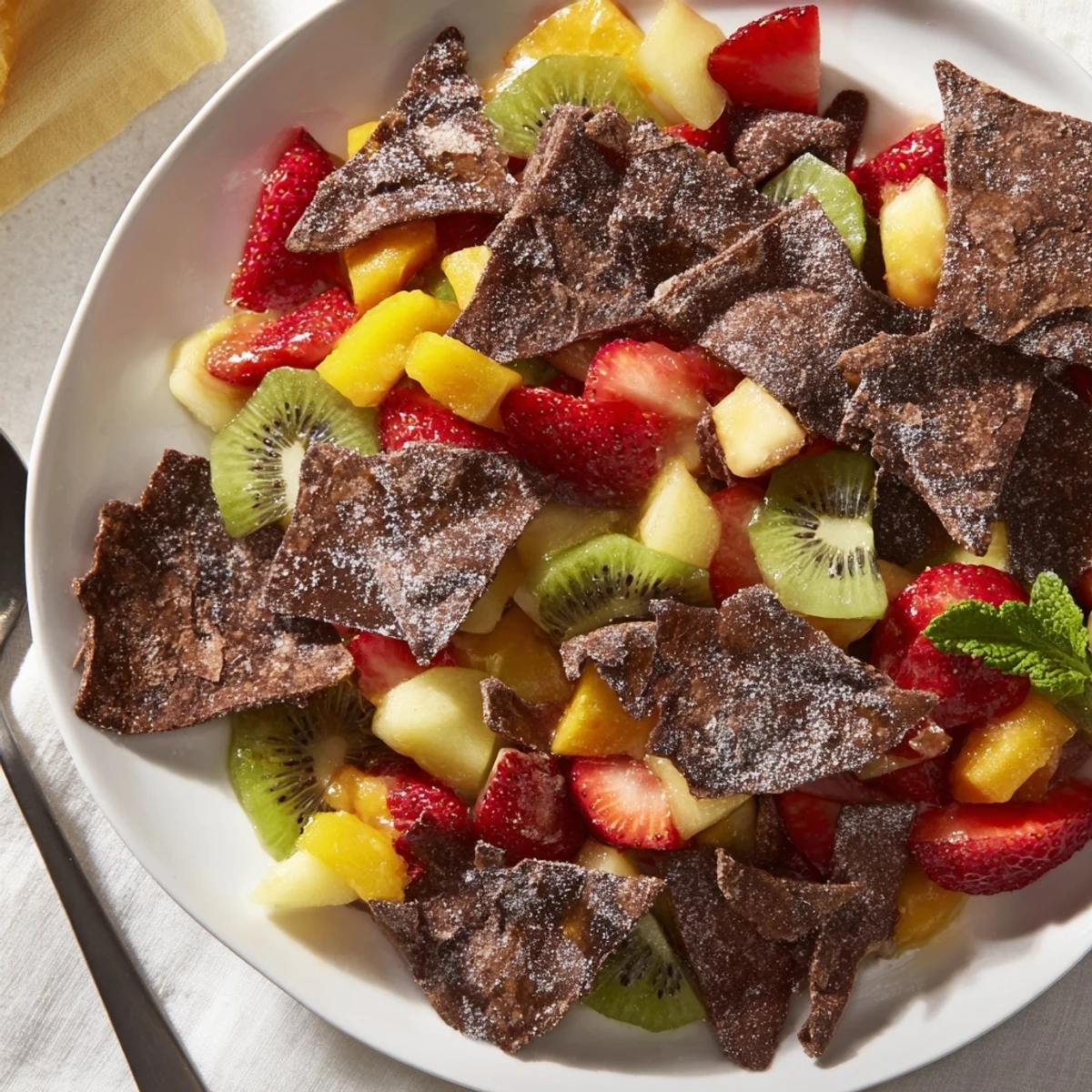 Crispy chocolate tortilla chips served with vibrant fruit salsa on a plate.  