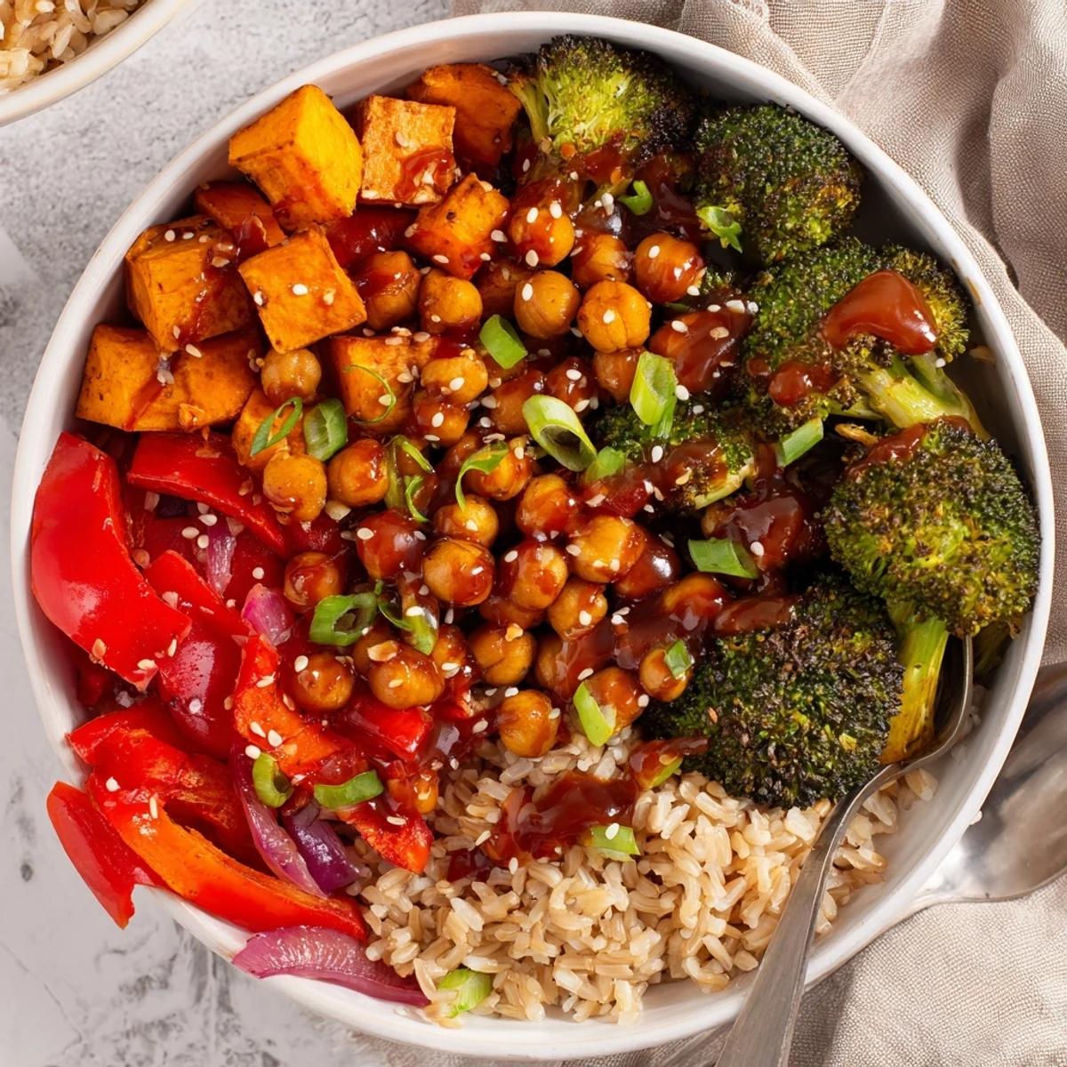 Colorful grain bowls featuring gochujang-maple sauce and crispy chickpeas for flavor.  