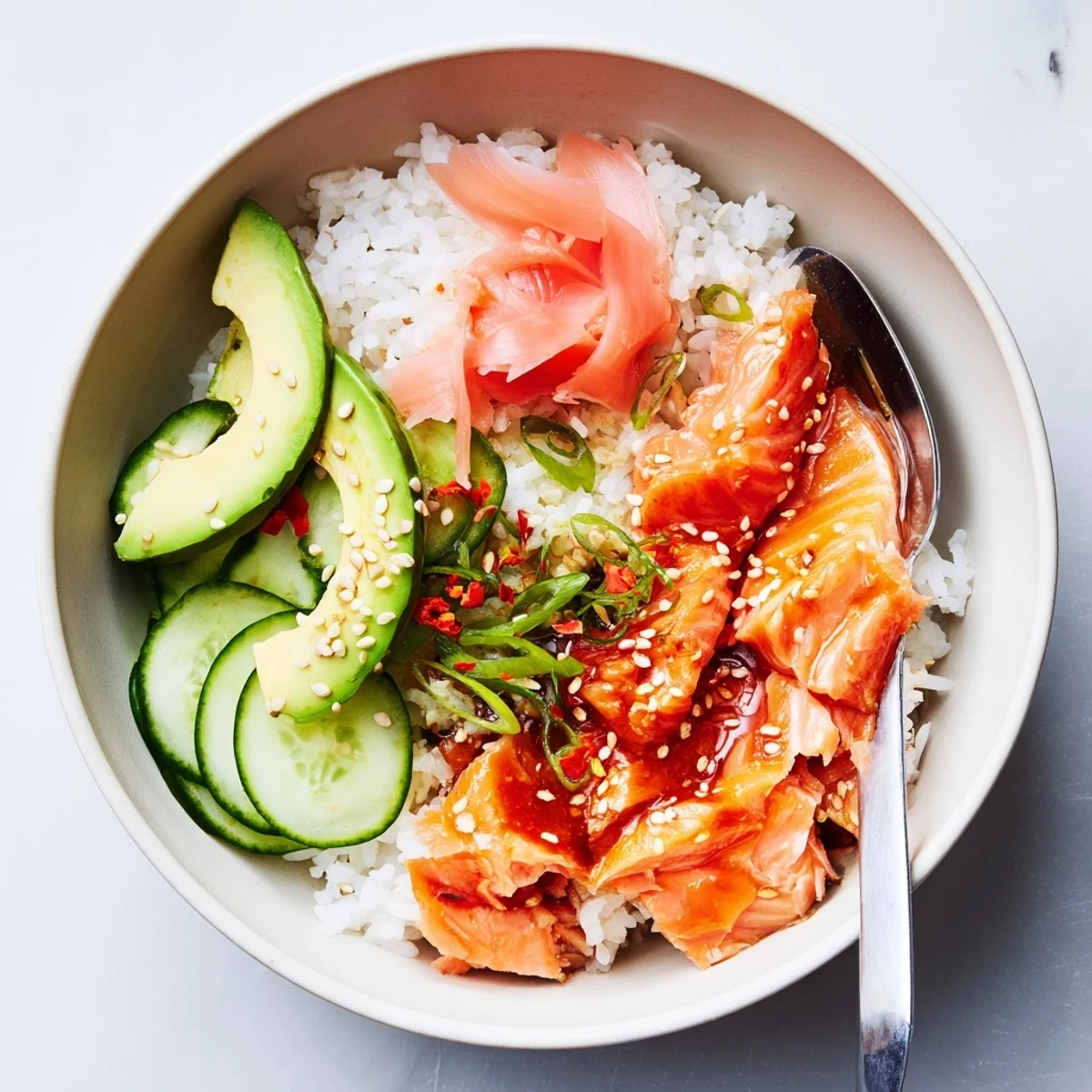 Colorful leftover salmon and rice bowl, garnished with scallions and sesame seeds.