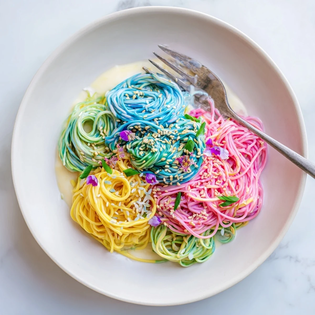 Vibrant Neon Noodle Cloud dish with colorful noodles in creamy, dreamy sauce.  
