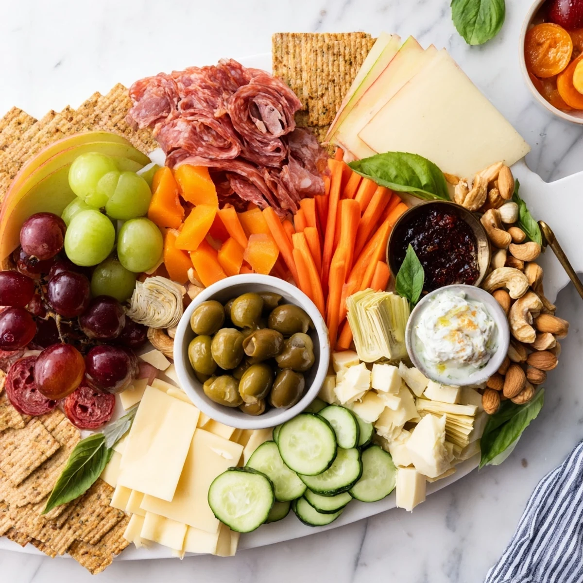 Deliciously arranged girl dinner platter showcasing cheeses, fruits, dips, and crunchy veggies.  