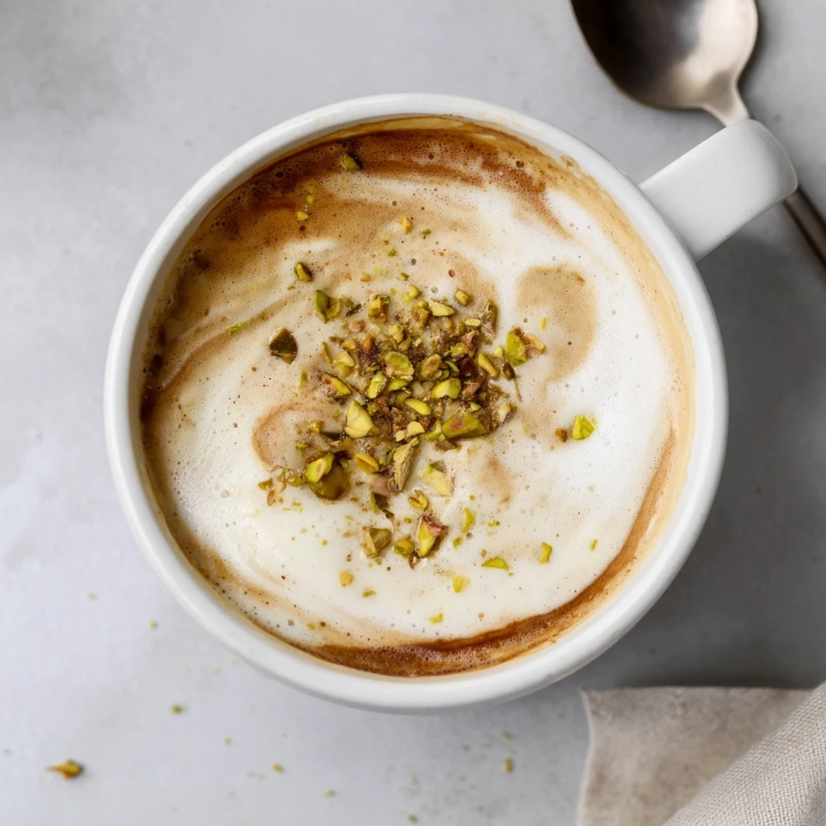Homemade pistachio milk latte features velvety foam and nutty flavor deliciously blended.  