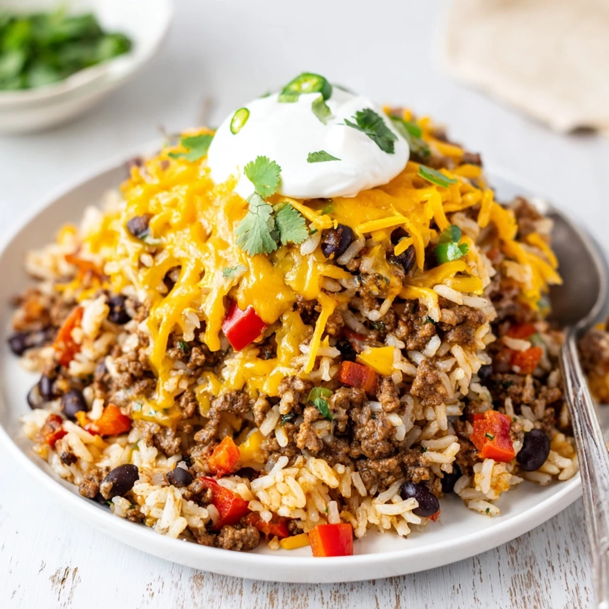Hearty Tex-Mex Beef & Rice Casserole topped with melty cheese and fresh cilantro.  