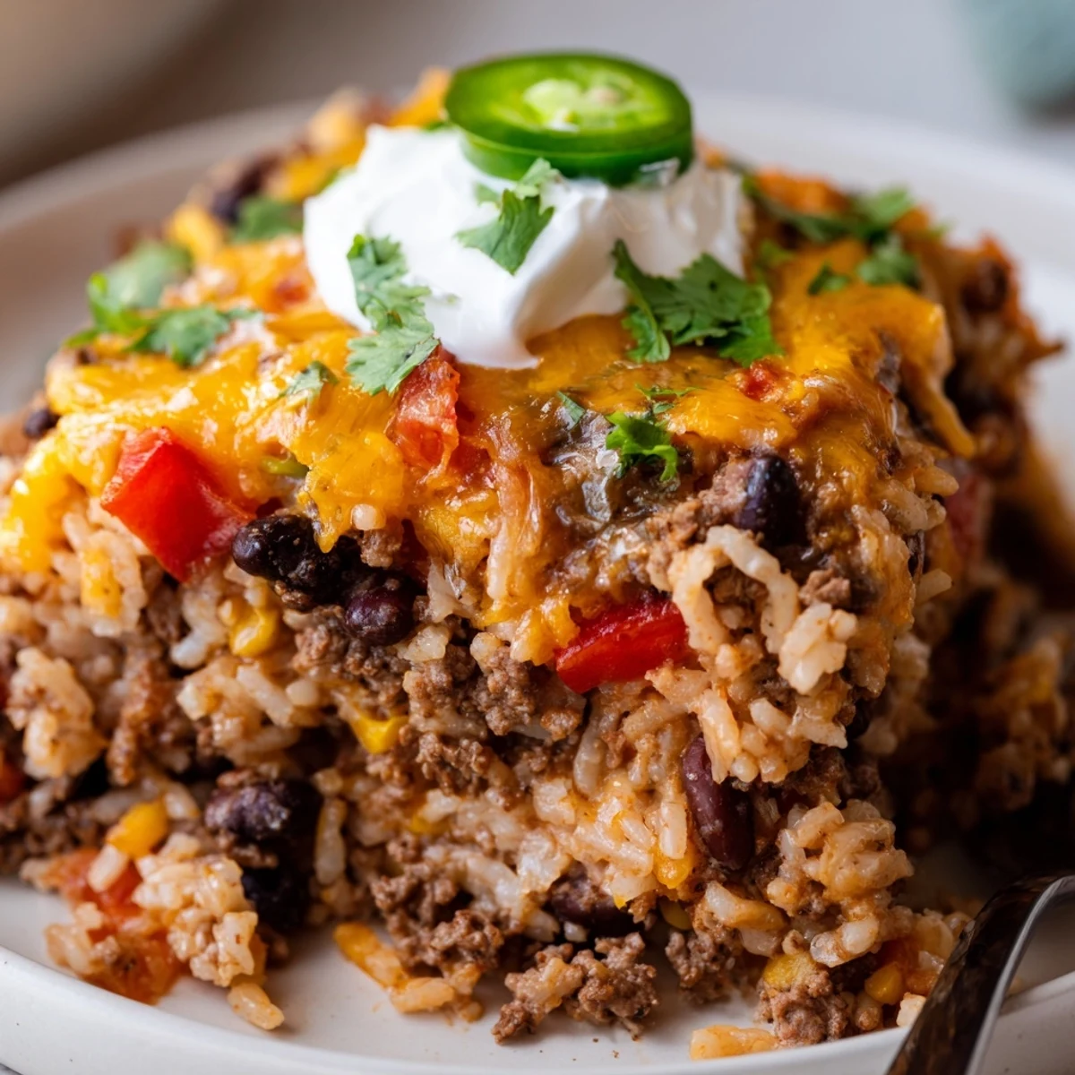 Warm, comforting Tex-Mex Beef & Rice Casserole with vibrant peppers and savory spices.  