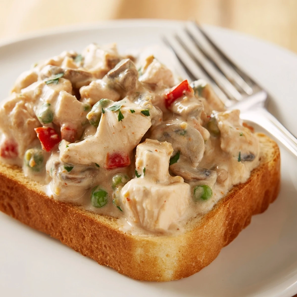Creamy Chicken à la King over toast, bursting with fresh vegetables and flavor.  