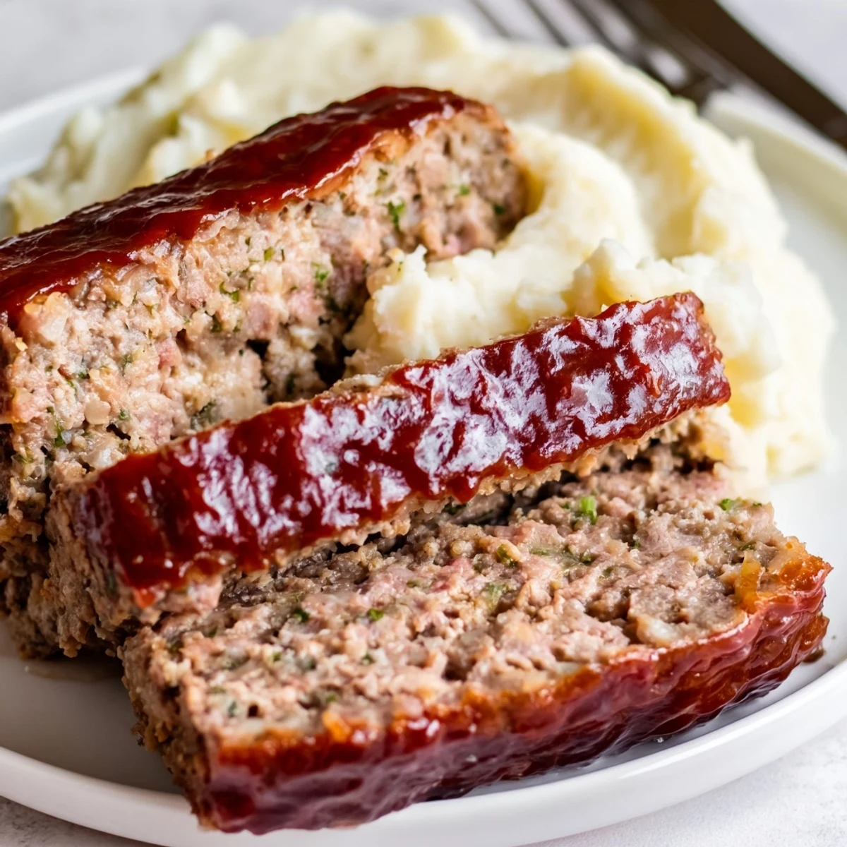 Classic Meatloaf drizzled with sweet glaze, served alongside buttery mashed potatoes.  