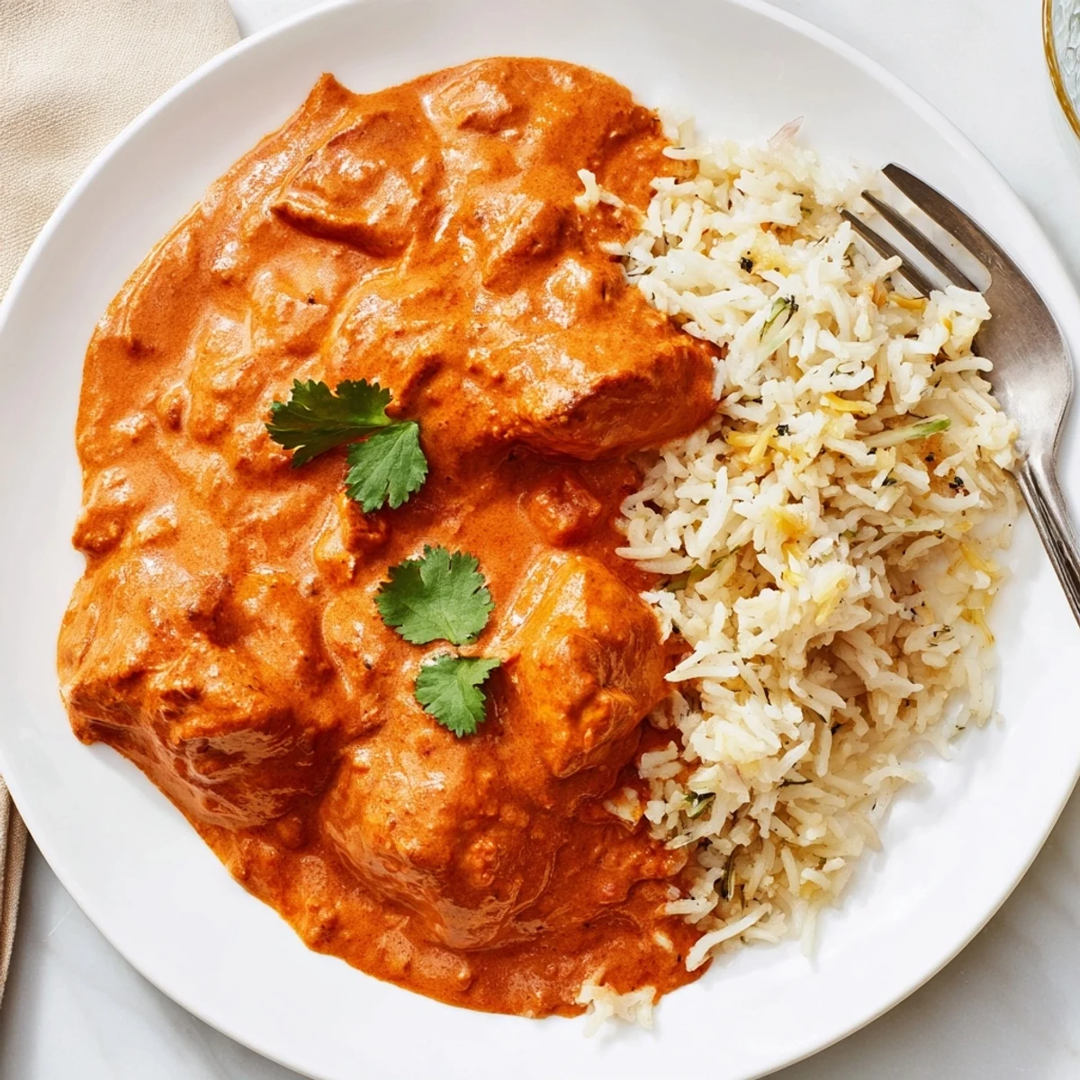 Delicious Butter Chicken & Rice Pilaf served with fresh cilantro garnish on top.  
