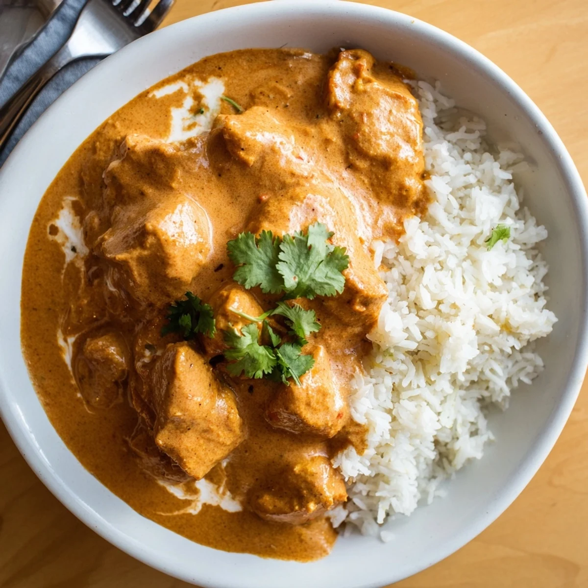 Juicy pieces of butter chicken in creamy sauce, alongside fragrant rice pilaf.  
