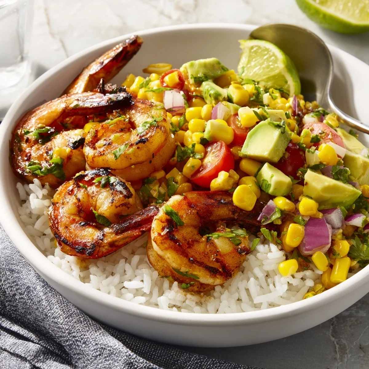 Colorful bowl of grilled shrimp and avocado corn salsa over warm rice.