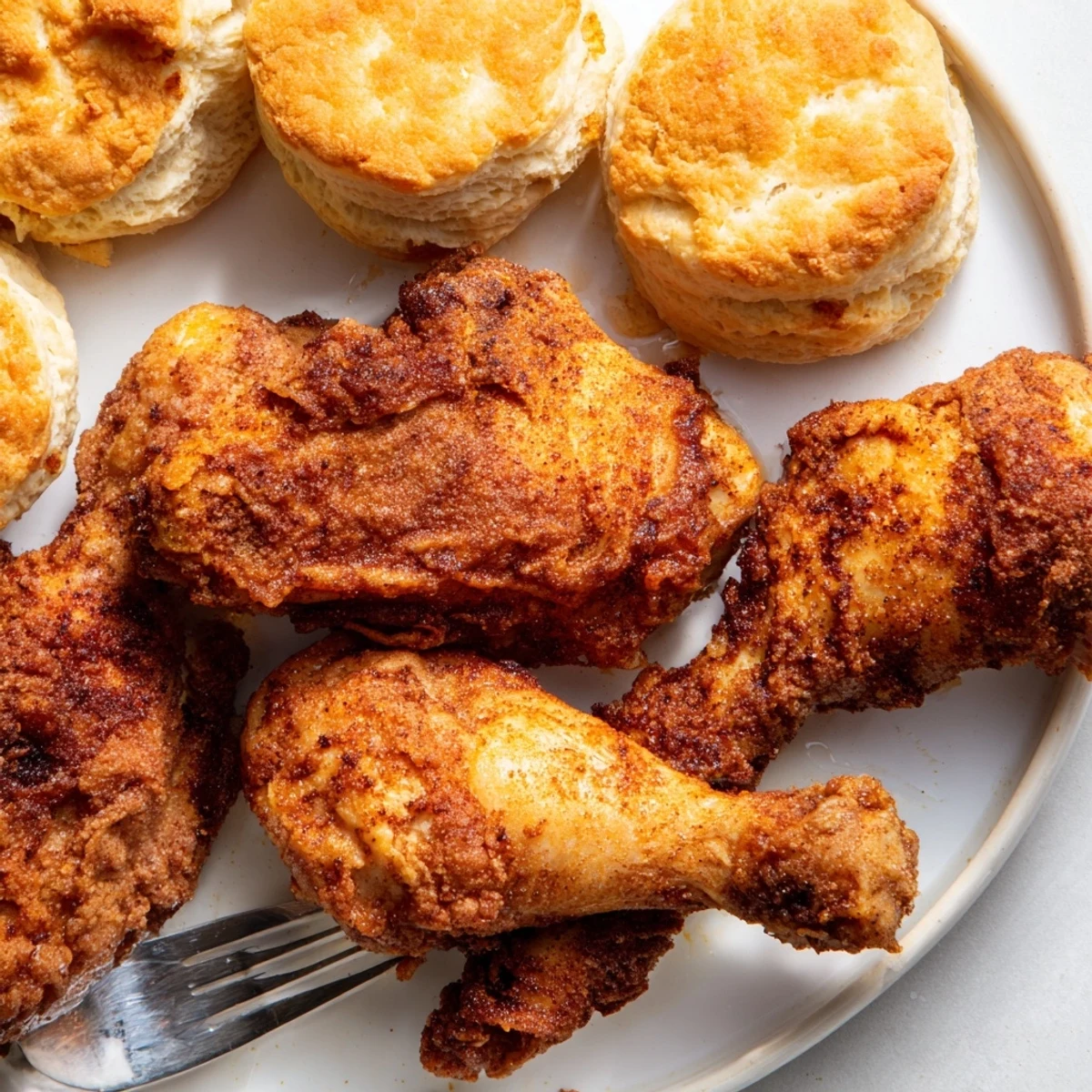Crispy Southern fried chicken with fluffy buttermilk biscuits on a rustic table.  