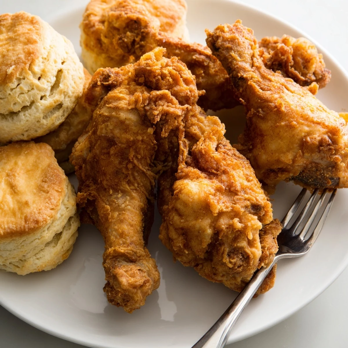 Juicy fried chicken pieces topped with golden, buttery biscuits and fresh herbs.  