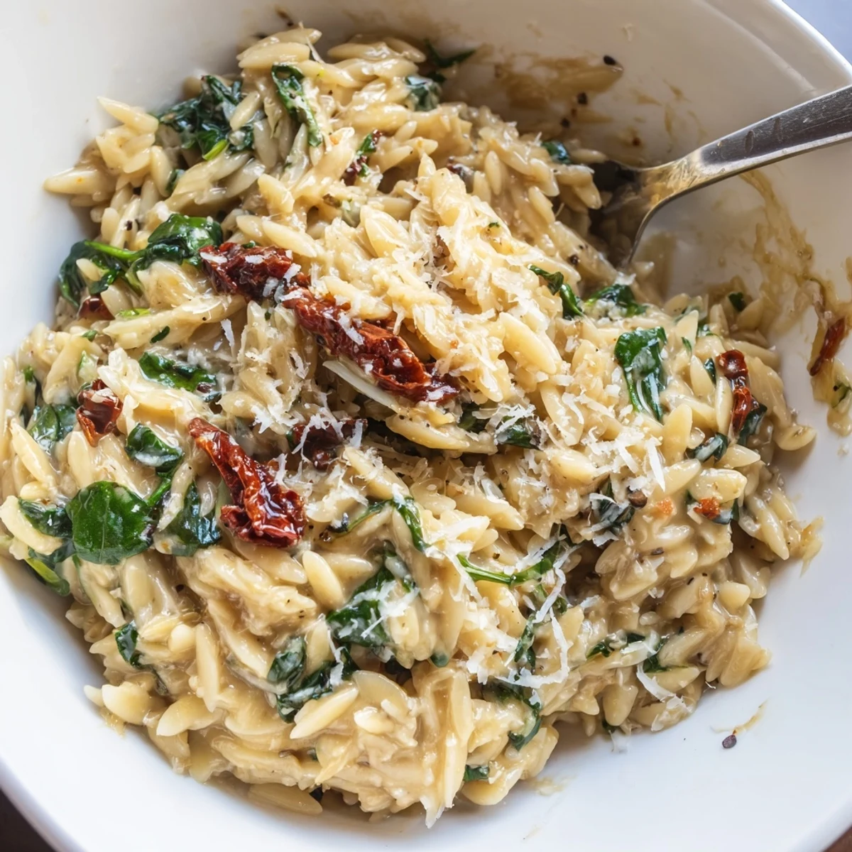 A creamy Tuscan orzo bowl with garlic-Parmesan sauce and vibrant spinach.  