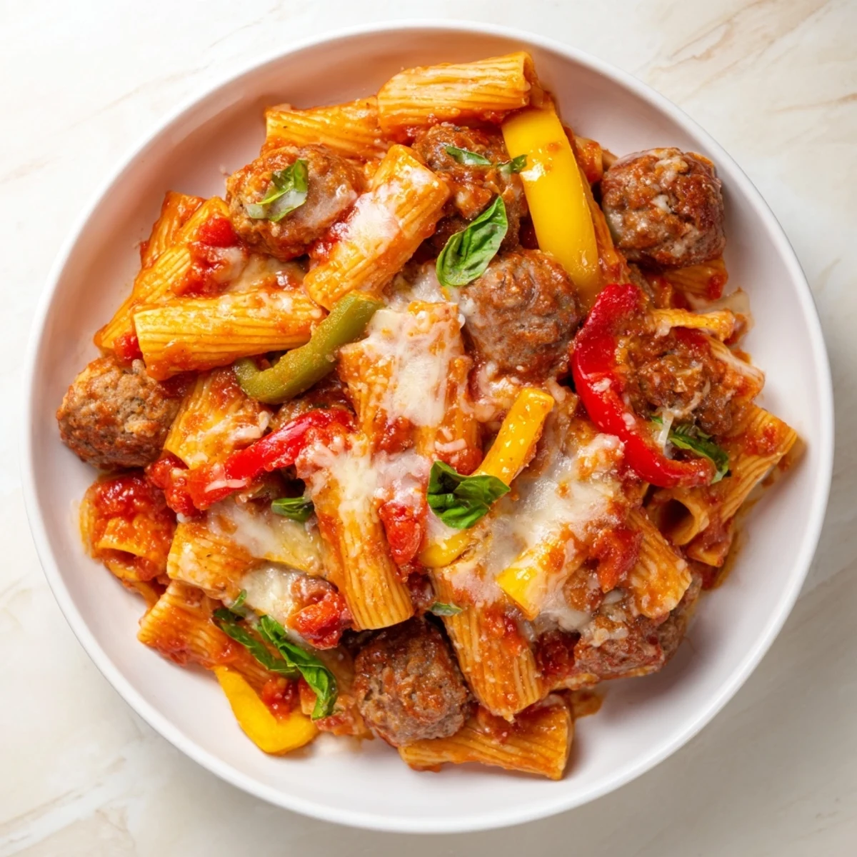 Baked Rigatoni with Sausage & Peppers, bubbling hot, cheese pull, perfect comfort food, ready to serve.