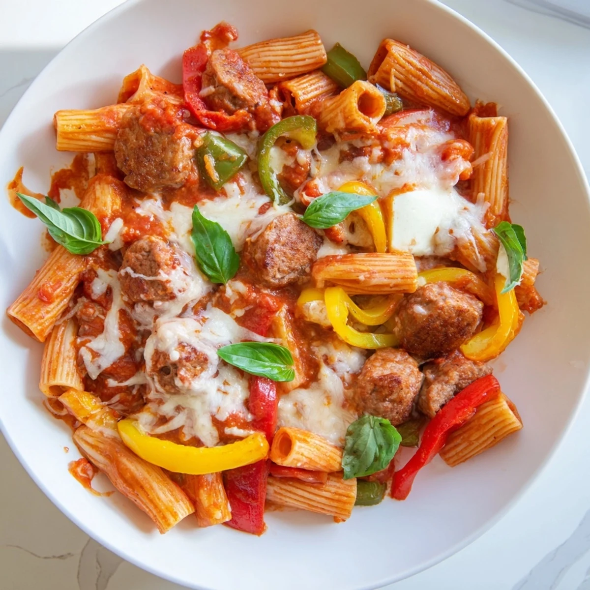 A close-up of golden-brown Baked Rigatoni with Sausage & Peppers, inviting and delicious.