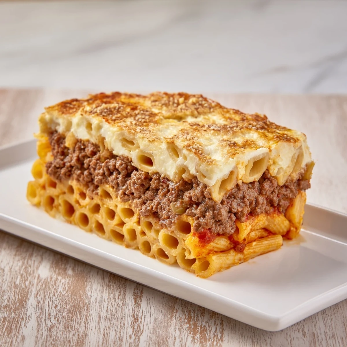 Golden brown Greek pastitsio, a layered pasta bake with savory beef and creamy béchamel.