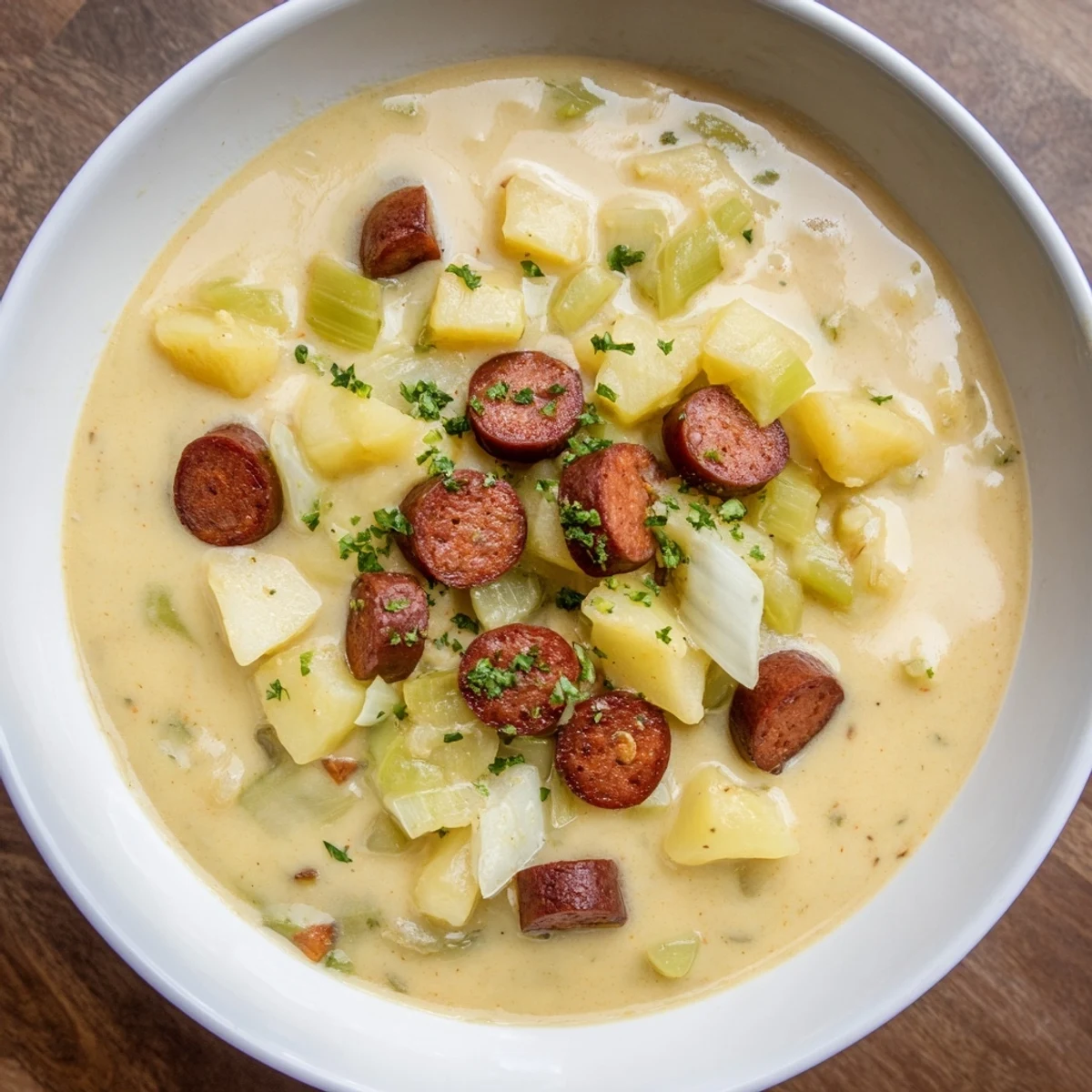 Warm, creamy Potato, Leek & Chorizo Soup, a colorful bowl with crusty bread on the side.