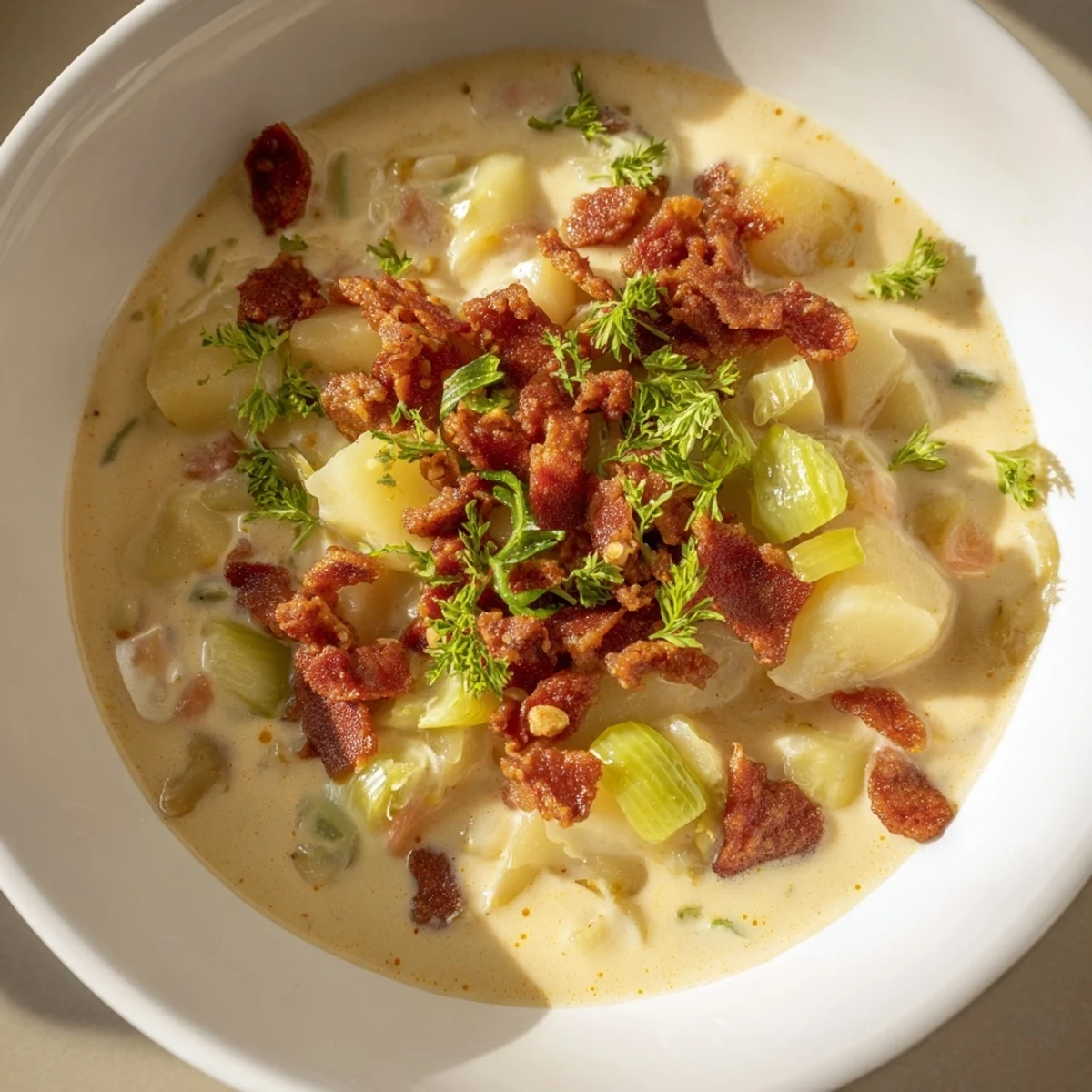 Close-up of hearty Potato, Leek & Chorizo Soup: the savory chorizo and potatoes look delicious!