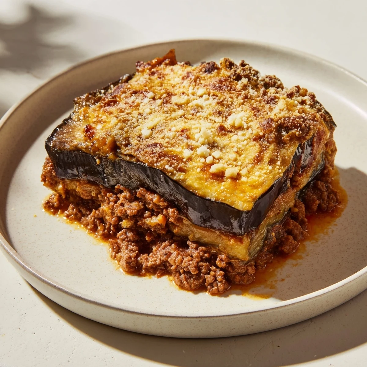 Golden-brown Moussaka with layered eggplant, beef, and creamy béchamel, ready to serve and enjoy.