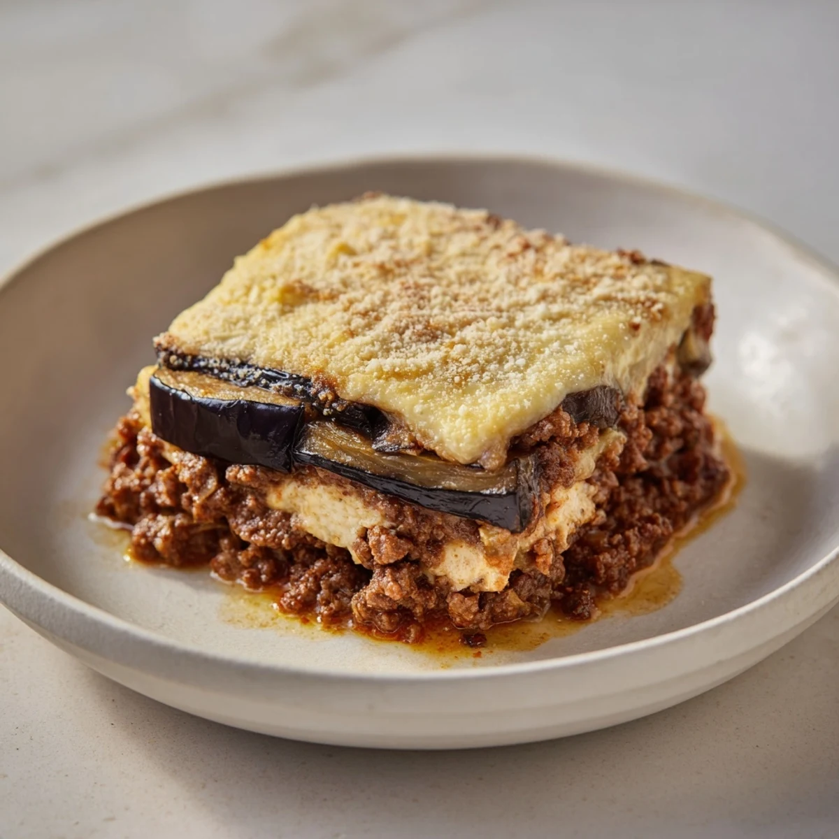 A bubbling baking dish showcasing homemade Moussaka, a hearty Greek casserole with fragrant spices.