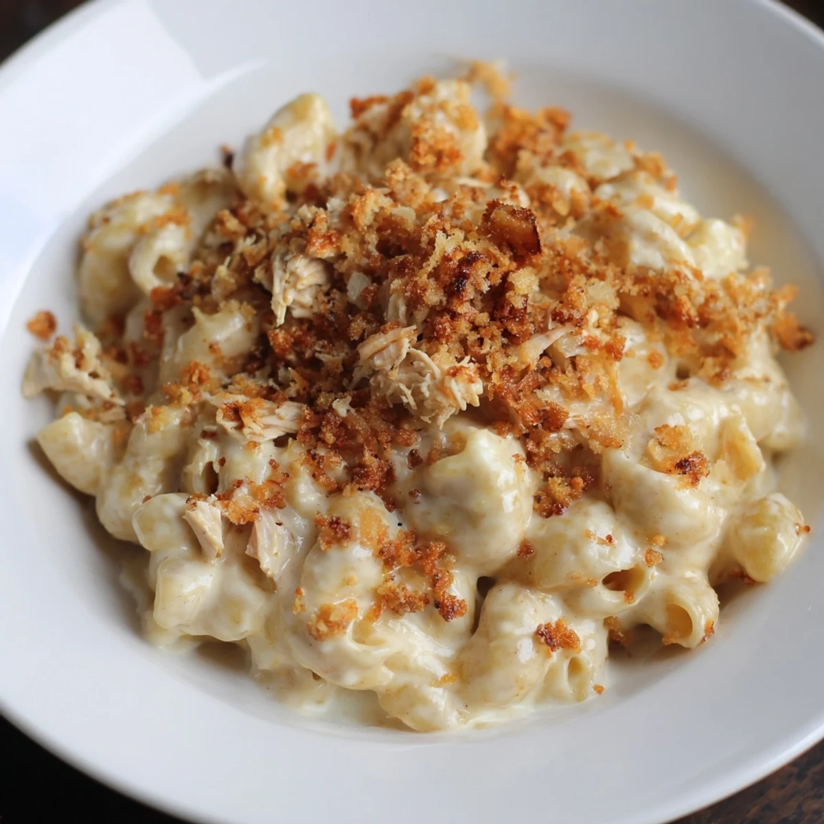Golden, bubbly Classic Mac & Cheese with BBQ Chicken featuring a savory, smoky topping ready to serve.