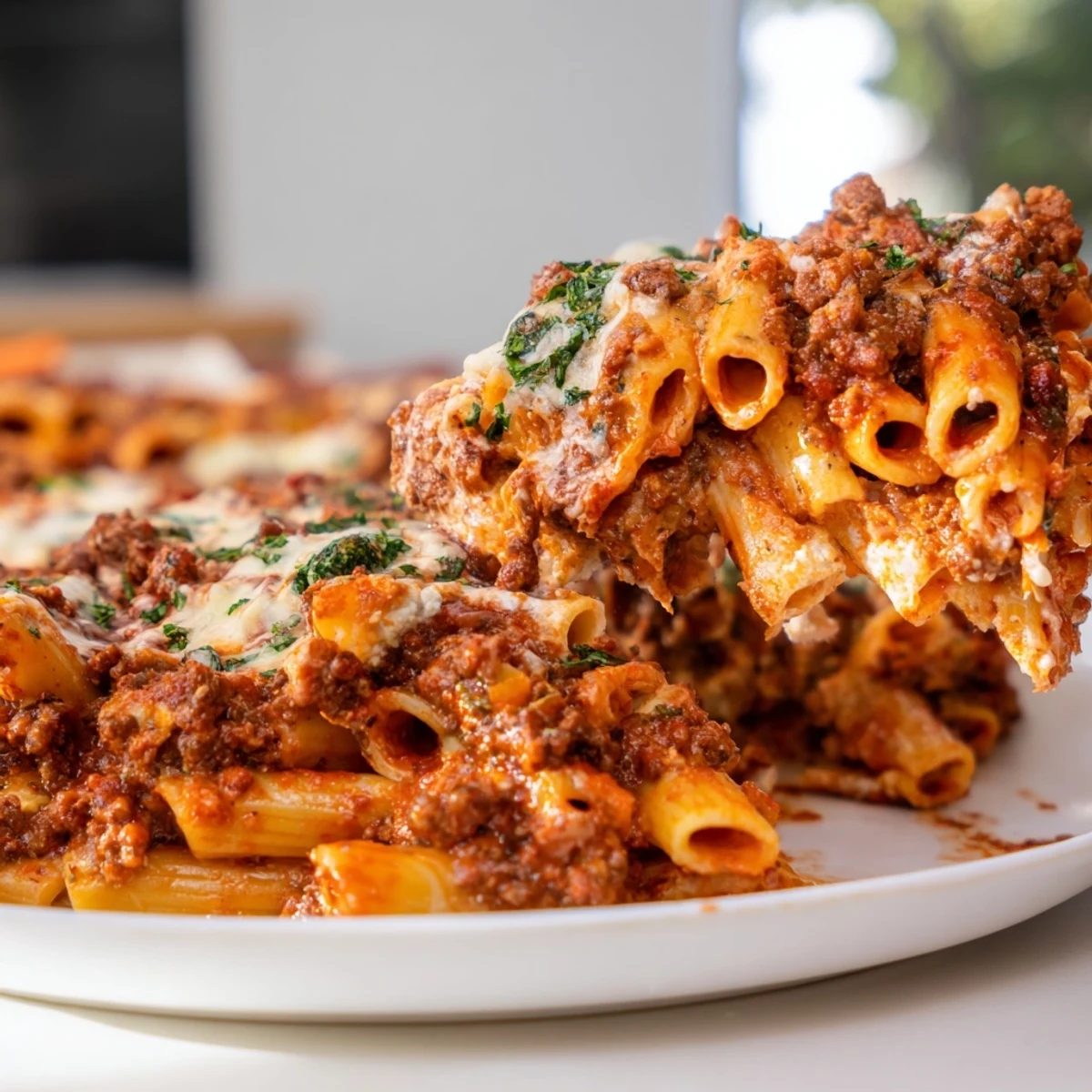 A close-up shot of hot Baked Ziti, showcasing layers of pasta, meat sauce, and melted cheese.