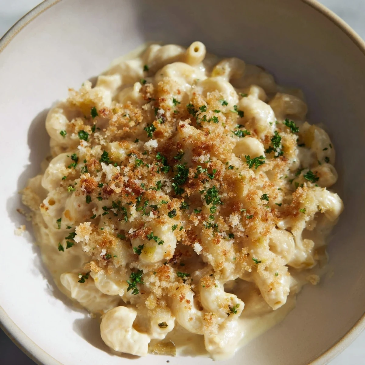 Golden-brown Truffle Macaroni & Cheese, bubbly and delicious, ready for a comforting meal.