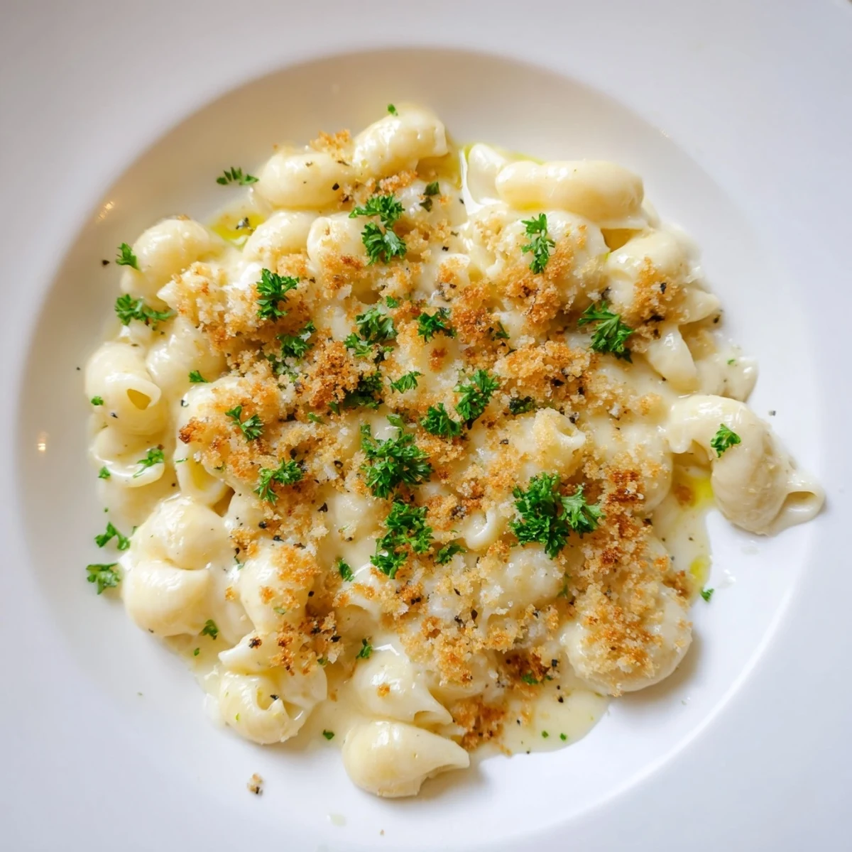 Close-up of baked Truffle Macaroni & Cheese, with a crispy, golden breadcrumb topping ready to eat.