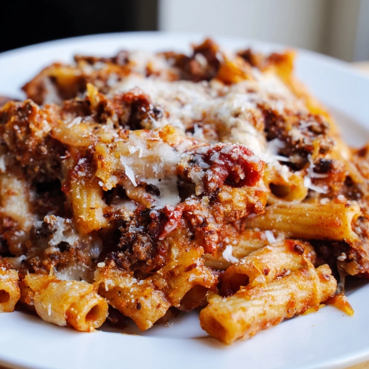 A close-up shot of the mouthwatering Cheesy Beef & Penne Bake, brimming with hearty ingredients.
