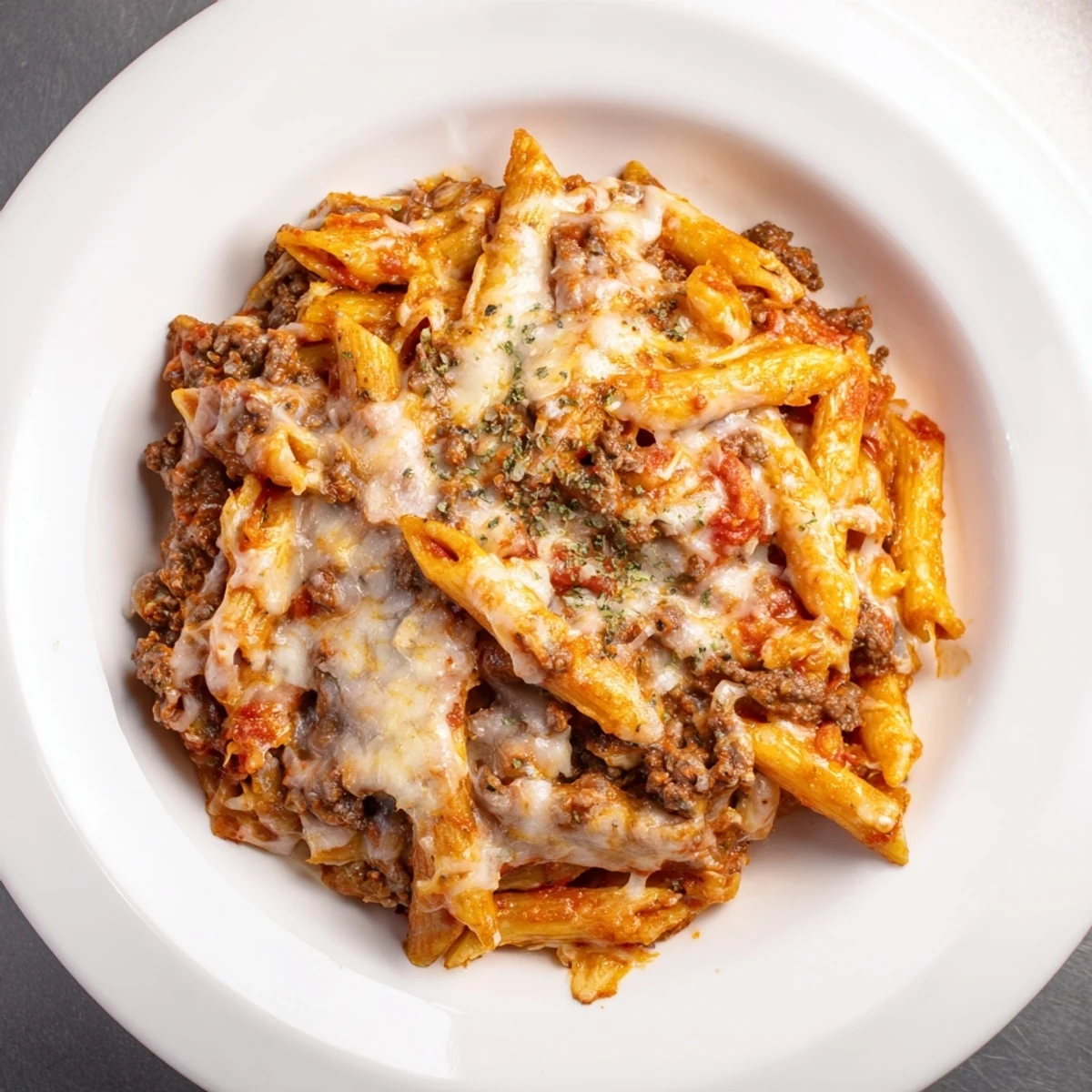Steaming hot, this Cheesy Beef & Penne Bake features tender pasta, ground beef, and melted cheese.