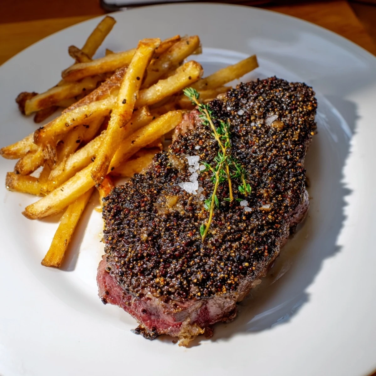 Juicy Classic Peppercorn Ribeye alongside golden, crispy fries, a delightful feast for any palate.
