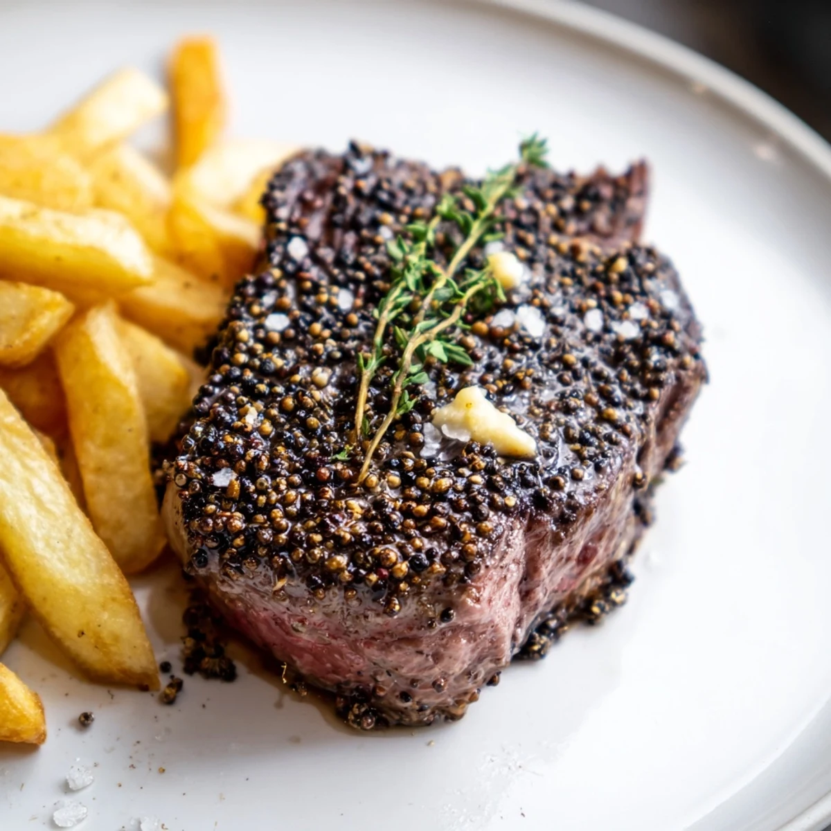 Picture a sizzling Classic Peppercorn Ribeye with fries, a delightful, flavor-packed dish to savor tonight.